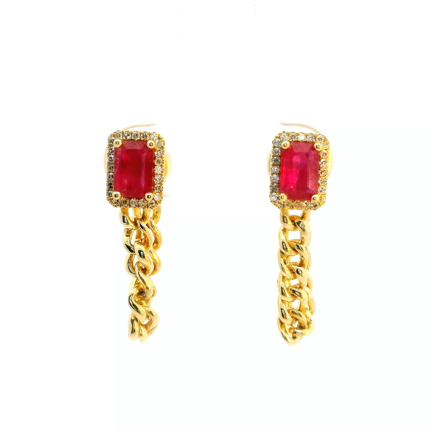 ARETES CUADRO RUBIES BRILLANTES CON CADENA BARBADA