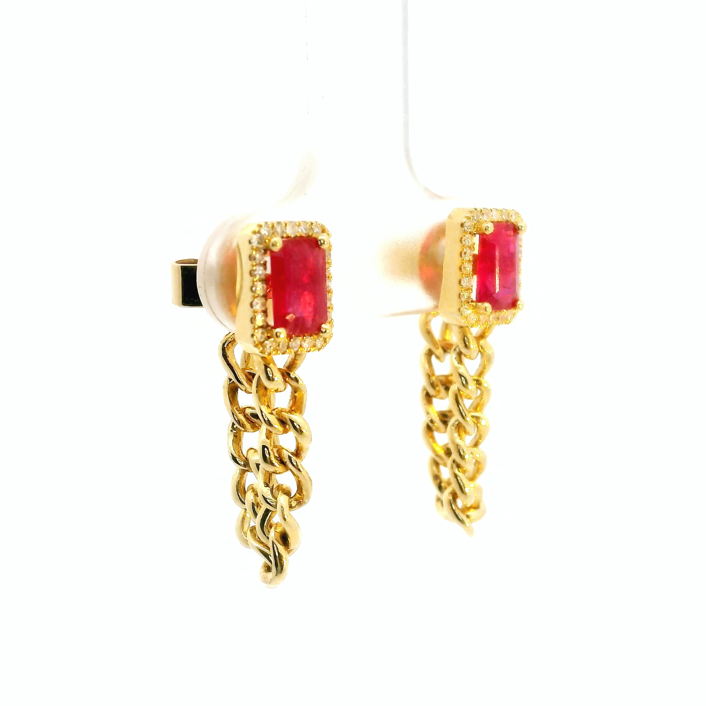 ARETES CUADRO RUBIES BRILLANTES CON CADENA BARBADA