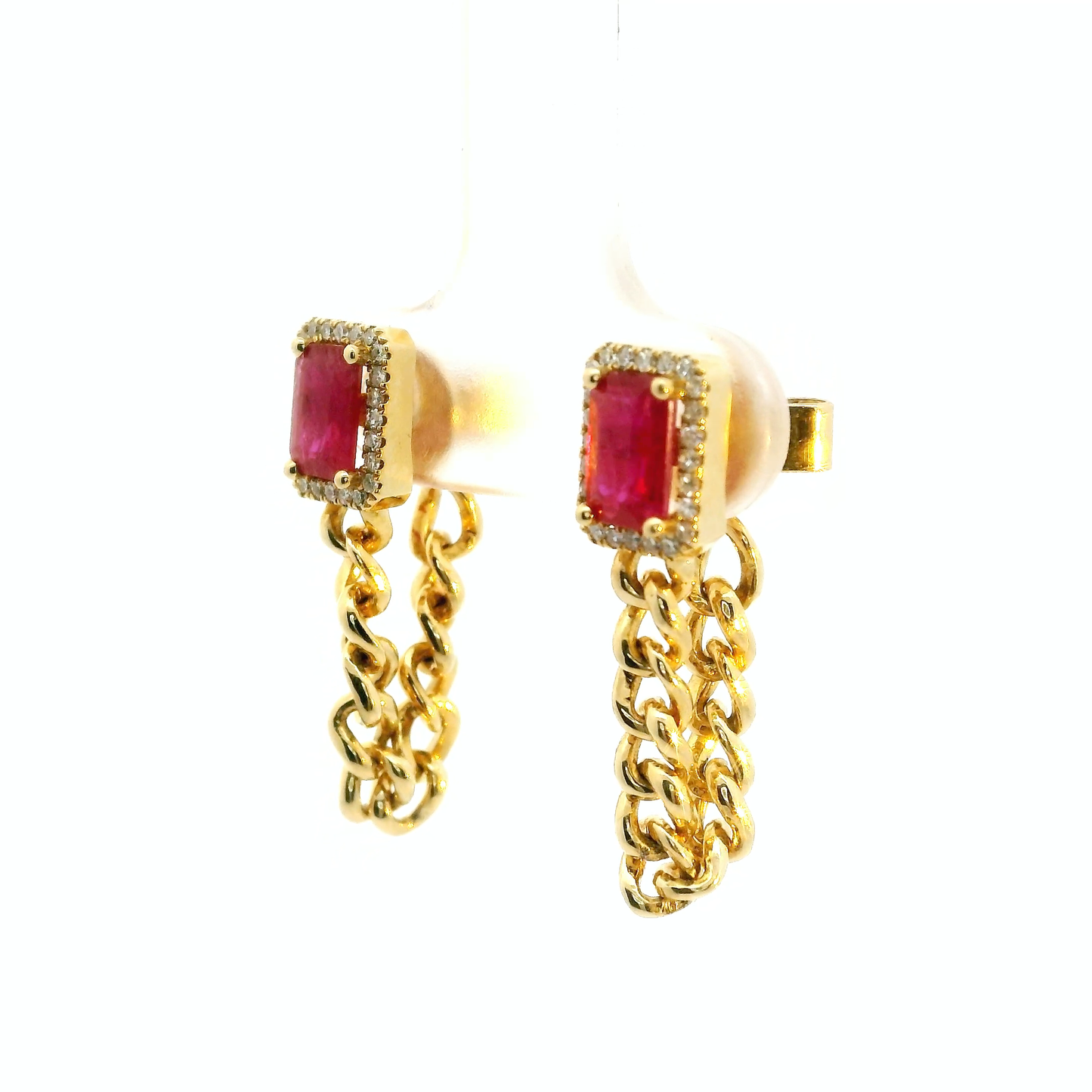 ARETES CUADRO RUBIES BRILLANTES CON CADENA BARBADA