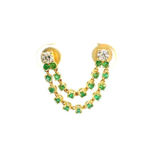ARETES PIERCING DOBLE CADENA CON ESMERALDA Y BRILLANTES